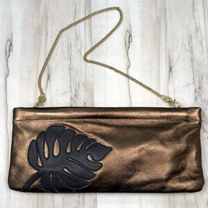 VTG GREAT AMERICAN LEATHERWORKS 12"x5.5" Copper Leather CLUTCH Leaf Applique EUC